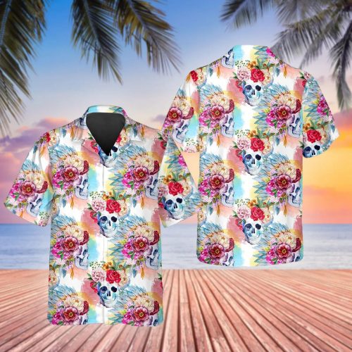 Skull With Colorful Flowers Hawaiian Shirt Skull & Viking 3D  Clothing