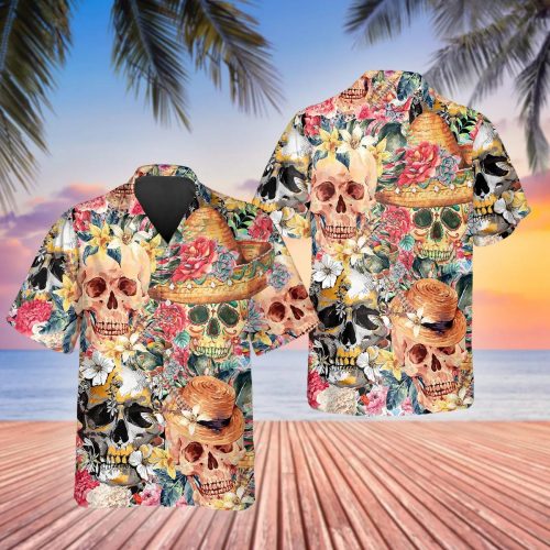 Skull With Flowers Hawaiian Shirt Skull & Viking 3D  Clothing Skull Aloha Shirt