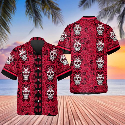 Red Pattern Color Skull Hawaiian Shirt Skull & Viking 3D  Clothing