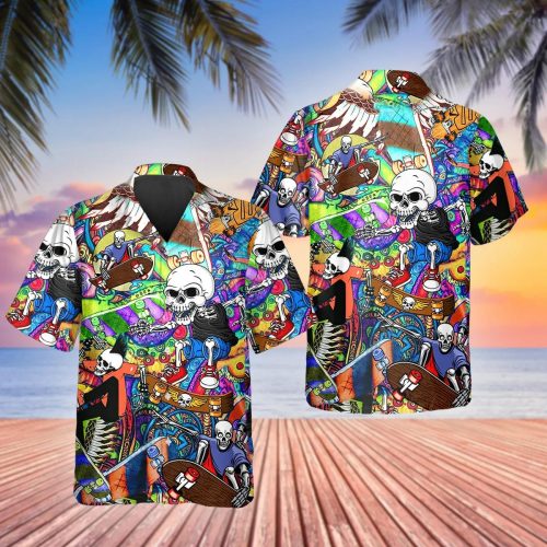 Funny Skateboard Skull Hawaiian Shirt Skull & Viking 3D  Clothing