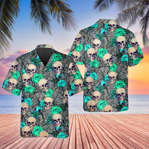 Green Roses Skull Hawaiian Shirt Skull & Viking 3D  Clothing