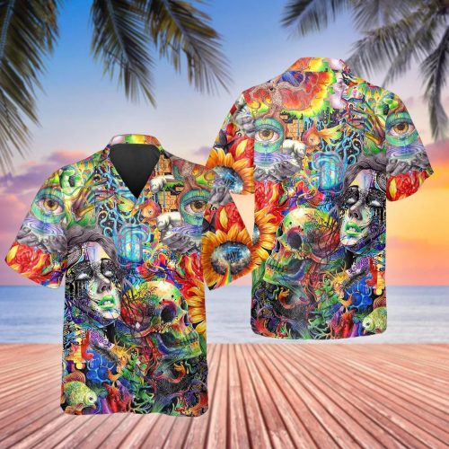 Generic Crazy Trippy Psychedelic Fantasy Colorful Skull Hawaiian Shirt Skull & Viking 3D  Clothing