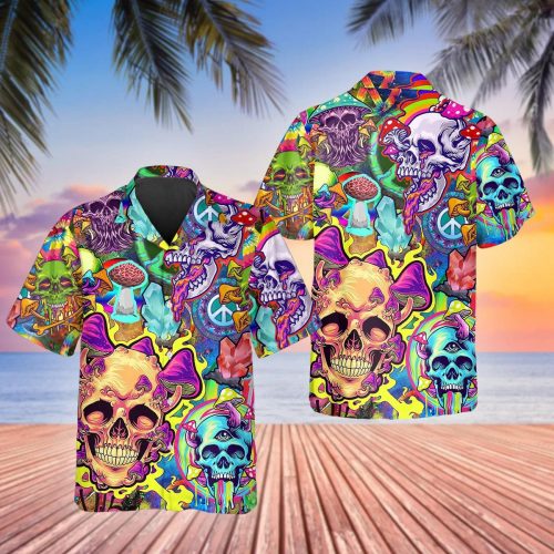 Colorful Mushroom Psychedelic Trippy Skull Hawaiian Shirt Skull & Viking 3D  Clothing Skull Aloha Shirt