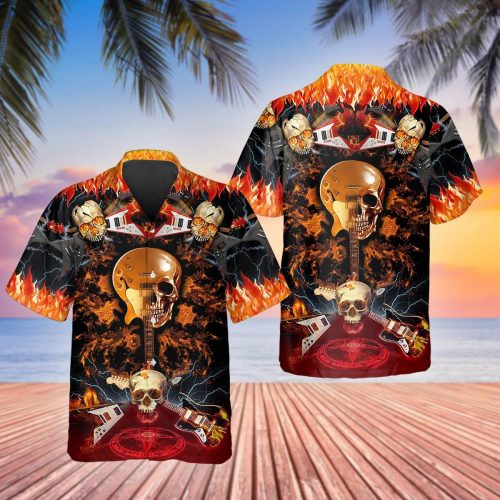 Electric Guitar Skull Hawaiian Shirt Skull & Viking 3D  Clothing Skull Aloha Shirt