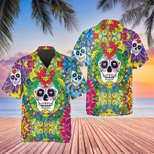 Colorful Sugar Skull Hawaiian Shirt Skull & Viking 3D  Clothing For Men Women
