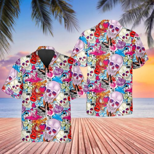 Floral Skull With Butterfly Hawaiian Shirt Skull & Viking 3D  Clothing