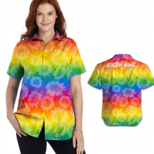 Custom Name Women Hawaiian Shirt For Lgbtq Community In Pride Month, Rainbow Sunflower Pattern Gift for Men and Women
