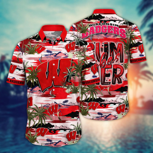 Wisconsin Badgers Flower 3D Button Hawaii Shirt Gift for Men Dad Father