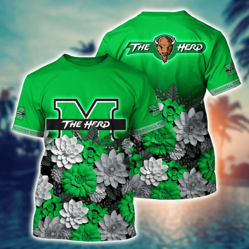 Marshall Thundering Herd Flower 3D Button Hawaii Shirt Gift for Men Dad Father And T Shirt For Fans, Summer Football Shirts