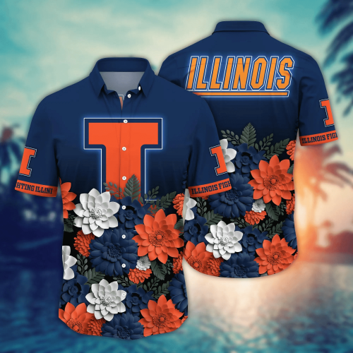 Illinois Fighting Illini Flower 3D Button Hawaii Shirt Gift for Men Dad Father And T Shirt For Fans, Summer Football Shirts