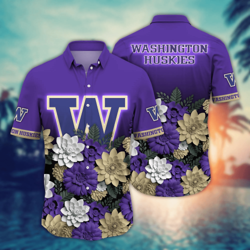 Washington Huskies Flower 3D Button Hawaii Shirt Gift for Men Dad Father And T Shirt For Fans, Summer Football Shirts
