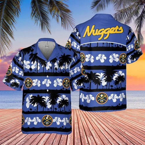Denver Nuggets White Hibiscus Flower On Blue Background Print 3D Button 3D Button Hawaiian Shirt Gift for Men Dad Father Gift for Men Dad Father