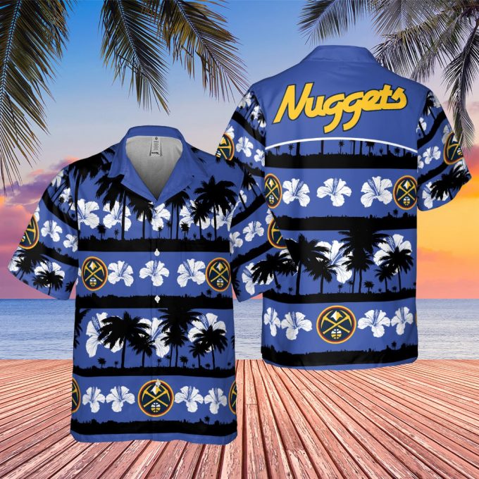 Denver Nuggets White Hibiscus Flower On Blue Background Print 3D Button 3D Button Hawaiian Shirt Gift for Men Dad Father Gift for Men Dad Father