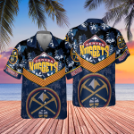 Denver Nuggets Dark Blue Hibiscus Flower Pattern Print 3D Button 3D Button Hawaiian Shirt Gift for Men Dad Father Gift for Men Dad Father