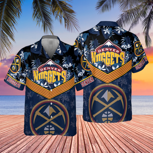 Denver Nuggets Dark Blue Hibiscus Flower Pattern Print 3D Button 3D Button Hawaiian Shirt Gift for Men Dad Father Gift for Men Dad Father
