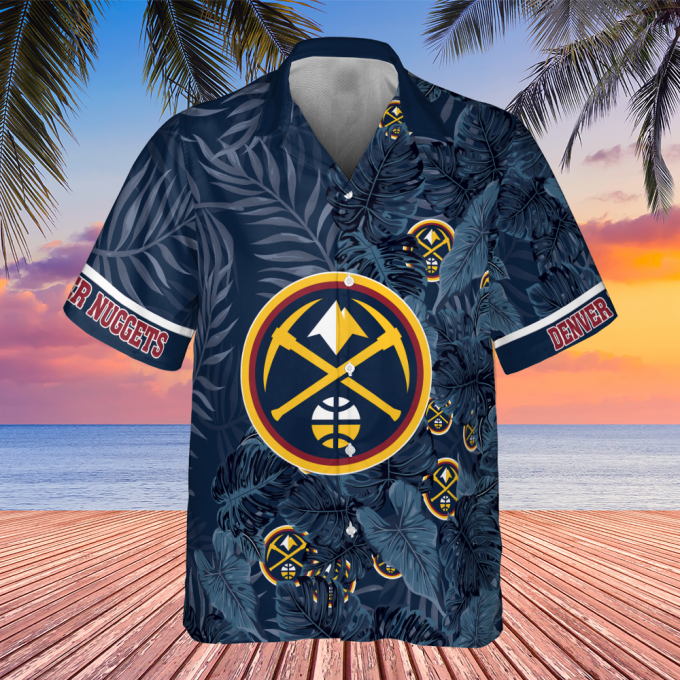 Denver Nuggets Leaves Tropical Pattern Print 3D Button 3D Button Hawaiian Shirt Gift for Men Dad Father Gift for Men Dad Father