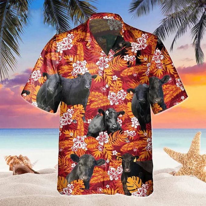 Black Angus Red Orange Floral Hawaiian Shirt – Trendy Cow Hawaii Shirts for Men & Women