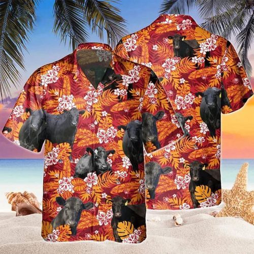 Black Angus Red Orange Floral Hawaiian Shirt - Trendy Cow Hawaii Shirts for Men & Women