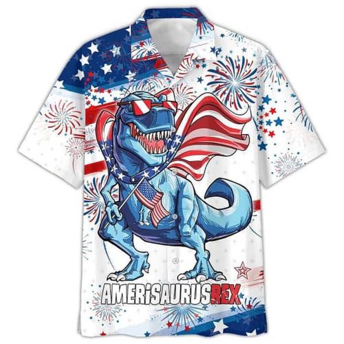 4th of July Trendy Hawaiian Shirt: 3D All-Over Printed Amerisaurusrex & Saurus USA Men s Beachwear