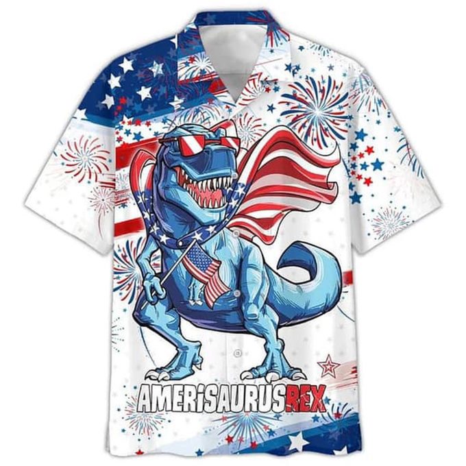 4th of July Trendy Hawaiian Shirt: 3D All-Over Printed Amerisaurusrex & Saurus USA Men s Beachwear