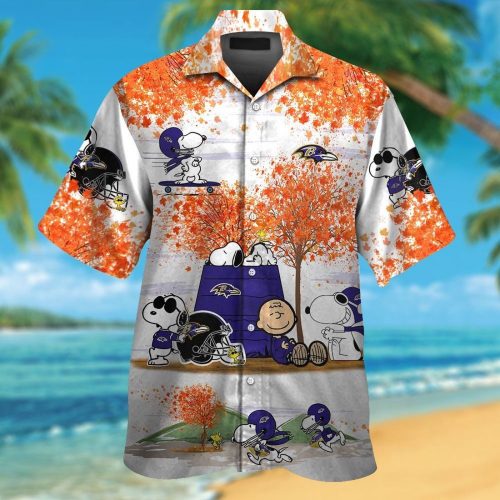 Baltimore Ravens Snoopy Autumn Short Sleeve Button Up Tropical Aloha 3D Button Hawaiian Shirt Gift for Men Dad Father Set for Men Women Kids