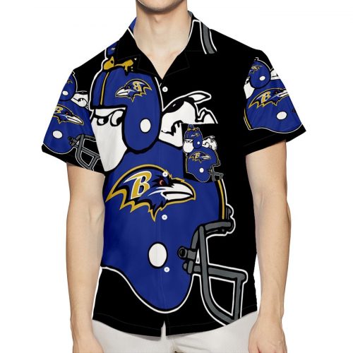 Baltimore Ravens Snoopy Helmet 3D All Over Print Summer Beach 3D Button Hawaiian Shirt Gift for Men Dad Father With Pocket