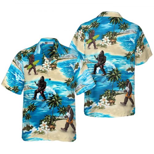 Beach Bigfoot Hawaiian Shirt Palm Tree & Flower Blue Ocean Men s Surfing Shirt Tropical Summer Gift Idea
