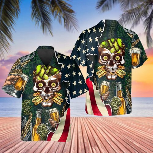 Beer Skull Hawaiian Shirt: Skull & Viking 3D Clothing for Men & Women - US Flag Design