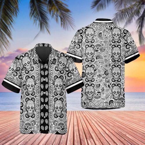 Black Pattern Color Skull Hawaiian Shirt Skull & Viking 3D  Clothing Skull Aloha Shirt