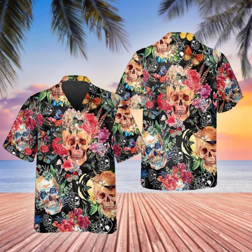 Blossom Flower Skull Hawaiian Shirt Skull & Viking 3D  Clothing Skull Aloha Shirt Gift