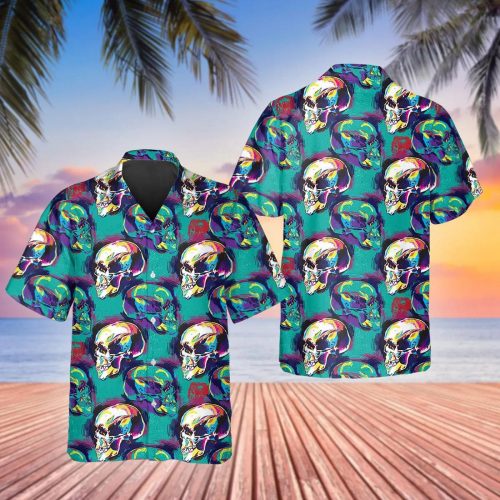 Blue Blurry Skull Art Hawaiian Shirt Skull & Viking 3D  Clothing For Men Women