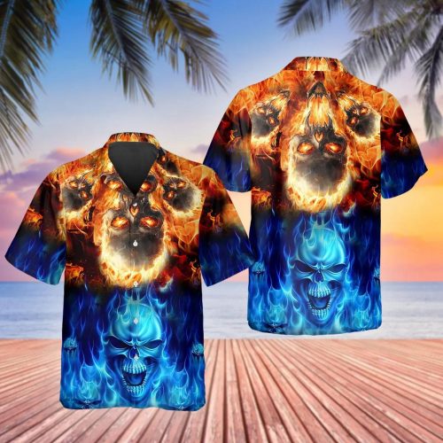 Blue Fire Skull Hawaiian Shirt Skull & Viking 3D  Clothing Summer Gift For Men Women
