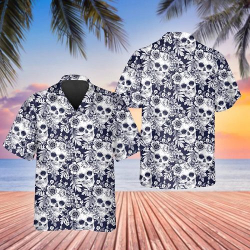 Blue Floral Skull Hawaiian Shirt Skull & Viking 3D  Clothing Skull Aloha Shirt