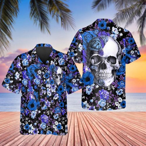 Blue Happy Summer Flowers Grinning Skull Hawaiian Shirt Skull & Viking 3D  Clothing