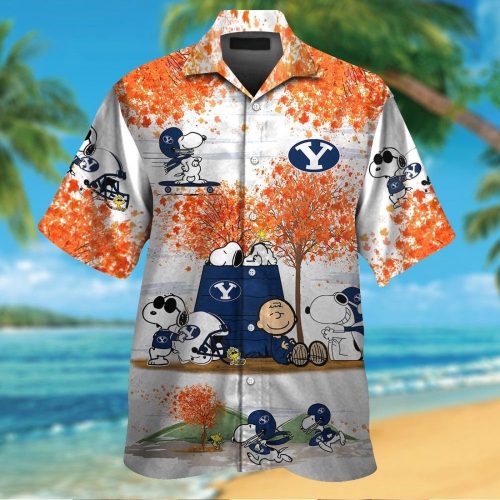 Byu Cougars Snoopy Autumn Short Sleeve Button Up Tropical Aloha 3D Button Hawaiian Shirt Gift for Men Dad Father Set for Men Women Kids