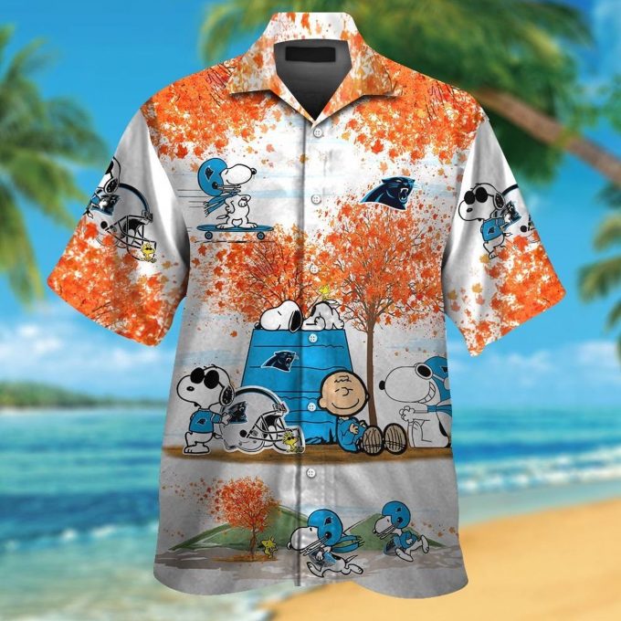 Carolina Panthers Snoopy Autumn Short Sleeve Button Up Tropical Aloha 3D Button Hawaiian Shirt Gift for Men Dad Father Set for Men Women Kids