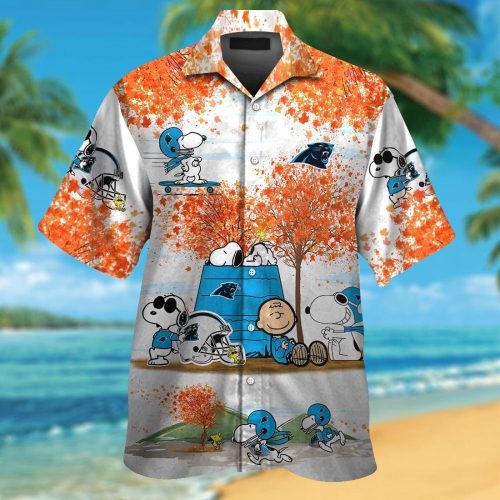 Carolina Panthers Snoopy Autumn Short Sleeve Button Up Tropical Aloha 3D Button Hawaiian Shirt Gift for Men Dad Father Set for Men Women Kids
