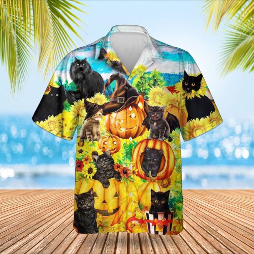 Cats And Pumpkin With Sunflowers Hawaiian Shirt 2025 Halloween Funny Button Up Shirt For Men Gift for Men and Women
