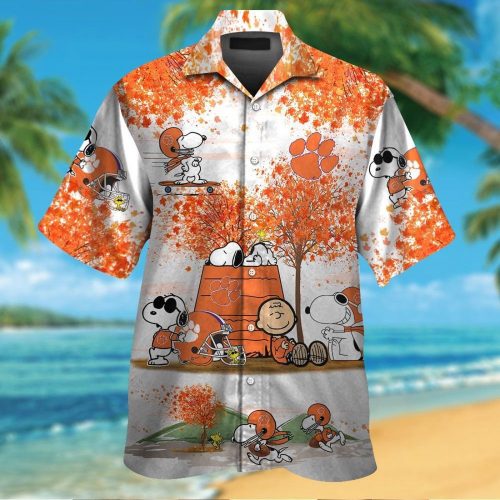 Clemson Tigers Snoopy Autumn Short Sleeve Button Up Tropical Aloha 3D Button Hawaiian Shirt Gift for Men Dad Father Set for Men Women Kids