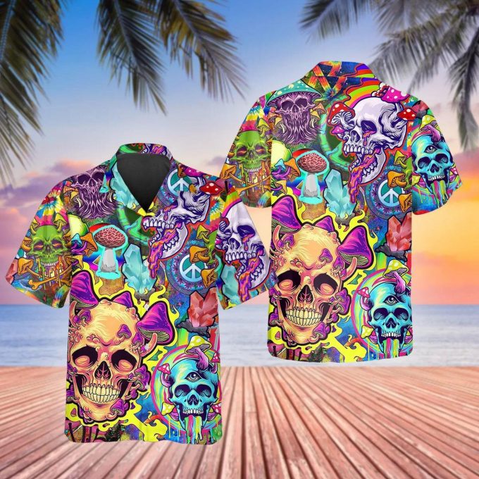 Colorful Mushroom Psychedelic Trippy Skull Hawaiian Shirt Skull & Viking 3D  Clothing Skull Aloha Shirt