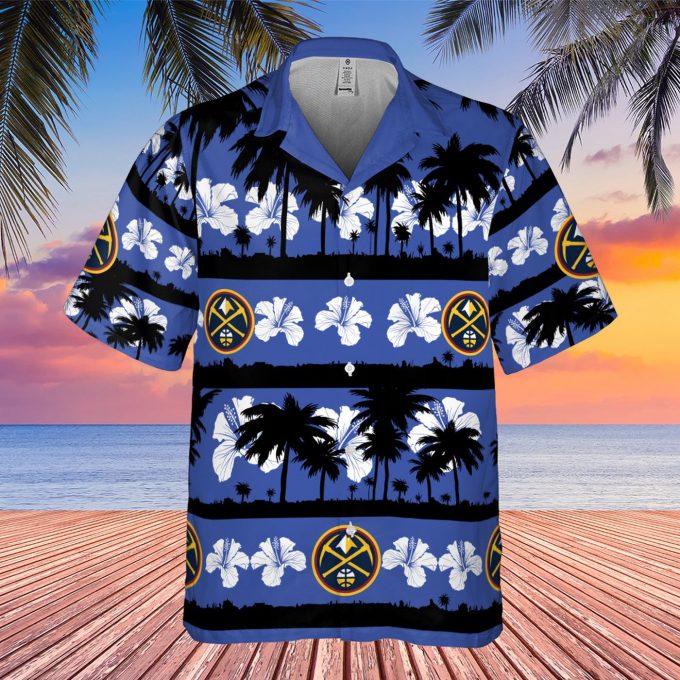 Denver Nuggets White Hibiscus Flower On Blue Background Print 3D Button 3D Button Hawaiian Shirt Gift for Men Dad Father Gift for Men Dad Father