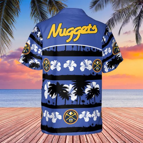 Denver Nuggets White Hibiscus Flower On Blue Background Print 3D Button 3D Button Hawaiian Shirt Gift for Men Dad Father Gift for Men Dad Father