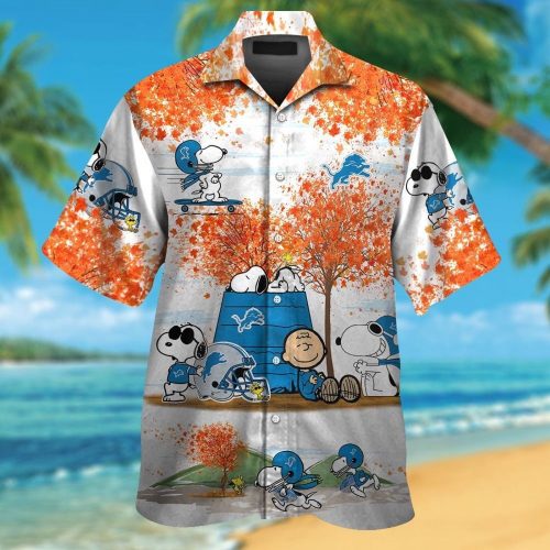 Detroit Lions Snoopy Autumn Short Sleeve Button Up Tropical Aloha 3D Button Hawaiian Shirt Gift for Men Dad Father Set for Men Women Kids