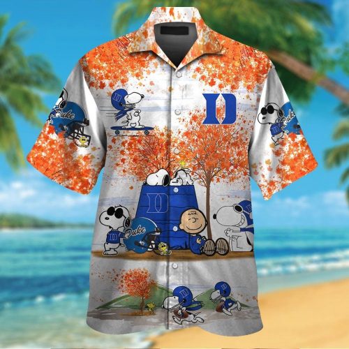Duke Blue Devils Snoopy Autumn Short Sleeve Button Up Tropical Aloha 3D Button Hawaiian Shirt Gift for Men Dad Father Set for Men Women Kids