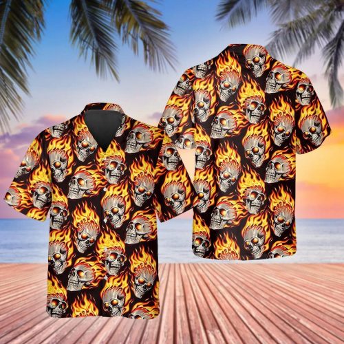 Flaming Skull Pile Hawaiian Shirt Skull & Viking 3D  Clothing Skull Aloha Shirt