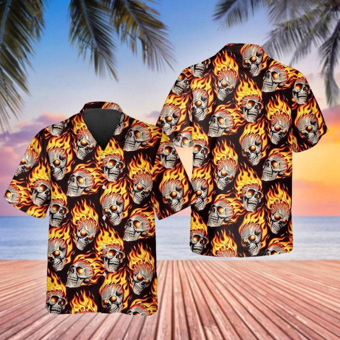 Flaming Skull Pile Hawaiian Shirt Skull & Viking 3D  Clothing Skull Aloha Shirt