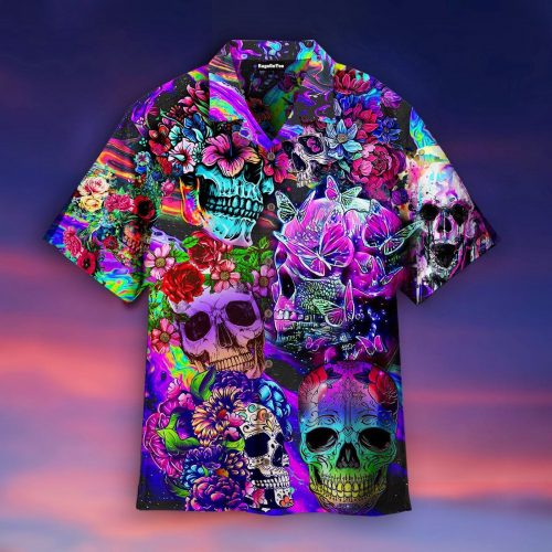 Flowers Hippies Colorful Skull Hawaiian Shirt Beach Hawaiian Shirt For Men Women Hippie Aloha Shirt