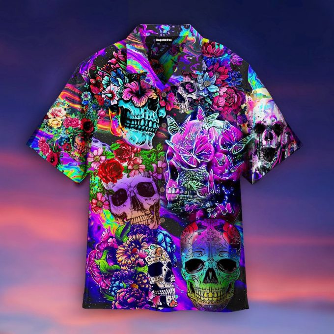 Flowers Hippies Colorful Skull Hawaiian Shirt Beach Hawaiian Shirt For Men Women Hippie Aloha Shirt