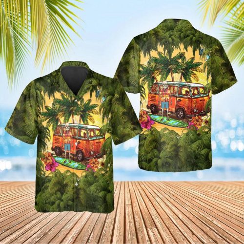 Green Beach And Skull Camper Hawaiian Shirt Skull & Viking 3D  Clothing