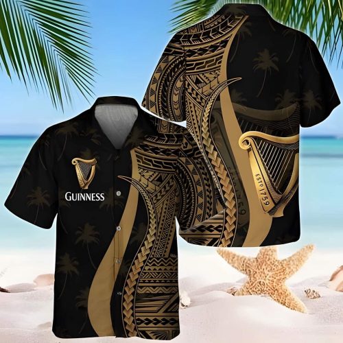 Guinness Hawaiian Shirt: Gold Polynesian Blend with Tropical Coconut Tree Pattern - Perfect Beer Lover Gift Men & Women Aloha Shirt